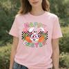 Happy Easter Cartoon Bunny Tshirt Heart Sunglasses Rabbit With Checkerboard Carrot Graphic Playful Pastel Fashion Shortsleev