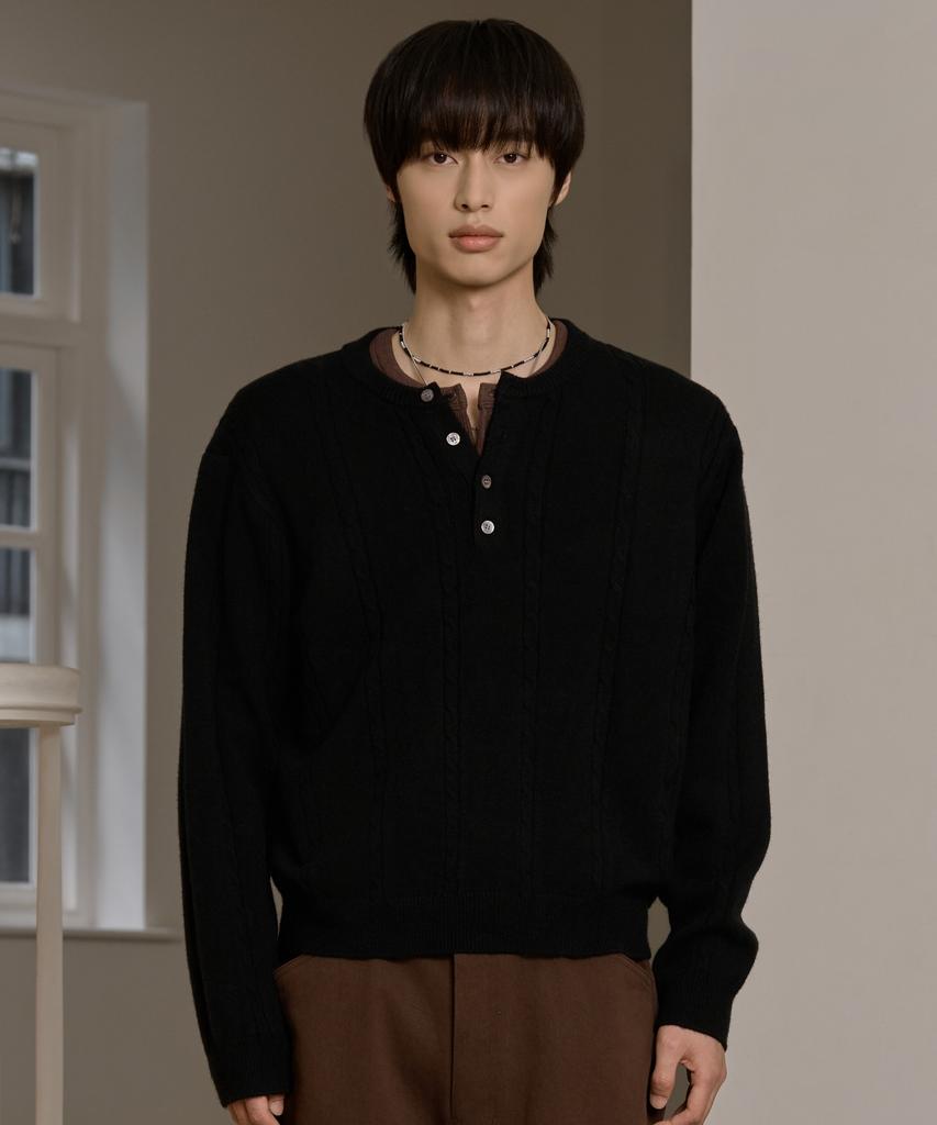 HYOJI Fw Washable Cable Crop Henley Neck Knit (8 Colors)