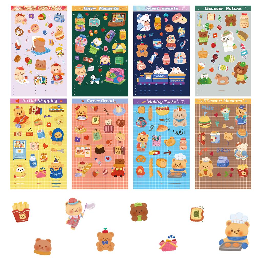 8PCS Cartoon Object Stickers Cute Cartoon Bear Baking Doodle Collage Computer Cell Phone Laptop Decoration Waterproof Stickers