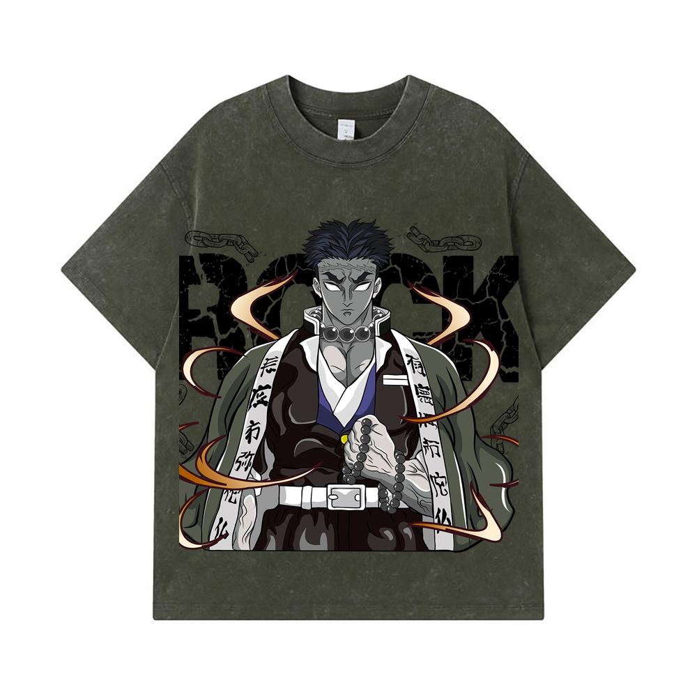

275 GSM Washed T-shirts 100% Cotton Demon Slayer V112 Gyomei Print Unisex Heavy Cotton T Shirt S армия зеленый