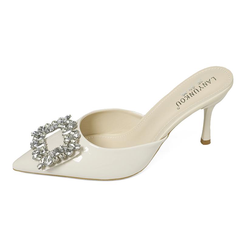Baotou Semi-slippers Women's Summer Wear Rhinestone Square Buckle Patent Leather Pointed Toe Shallow Mouth Low-heeled High Heels