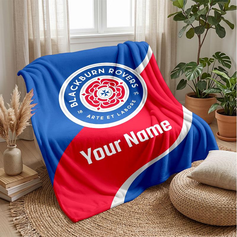 Blackburn Rovers Football Custom Name Text Flannel Blanket Soccer Logo Personalized Fleece Throw Blanket Special Gift For Sofa Bedroom Home