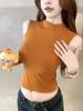#Summer New Spice Girl Style Turtleneck Sleeveless Solid Color Splicing Vest Slim Fixed with Chest Pad Top