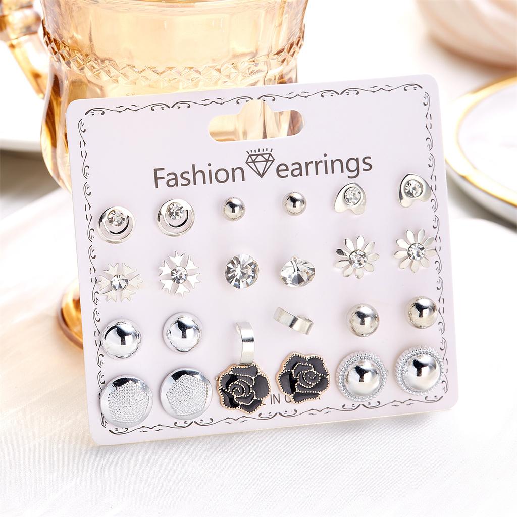 12Pairs/Set Fashion Geometric Stud Earrings Set For Women Love Heart Bowknot Rose Flower Star Moon Pearl Earrings Party Jewelry