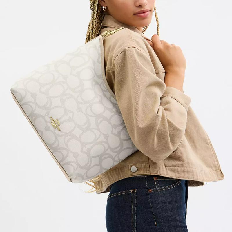 Coach White Signature Canvas Convertible Hobo Shoulder Bag for Daily Use