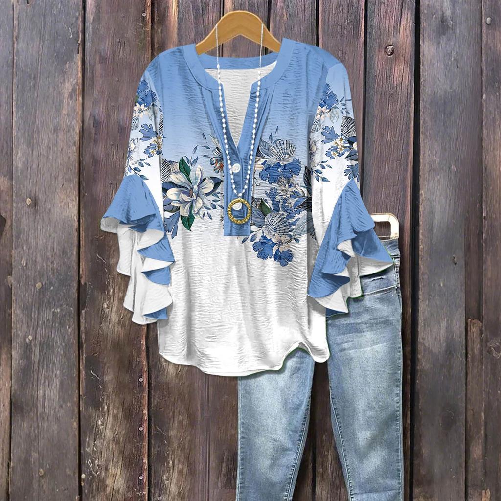 Women's Fashion Casual Button V-Neck Seven Sleeve Vintage Printed Shirt Top