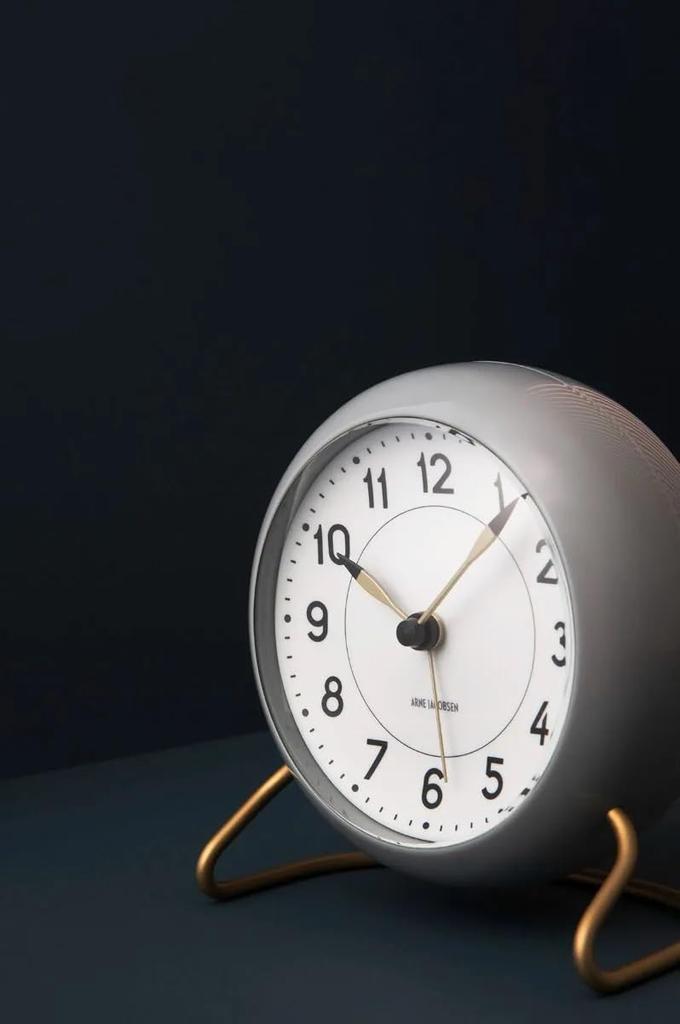 ARNE JACOBSEN Table Clock Alarm Clock 11cm Scandinavian Design Retro Alarm Sound STATION 43674 Gray (Silent Design)