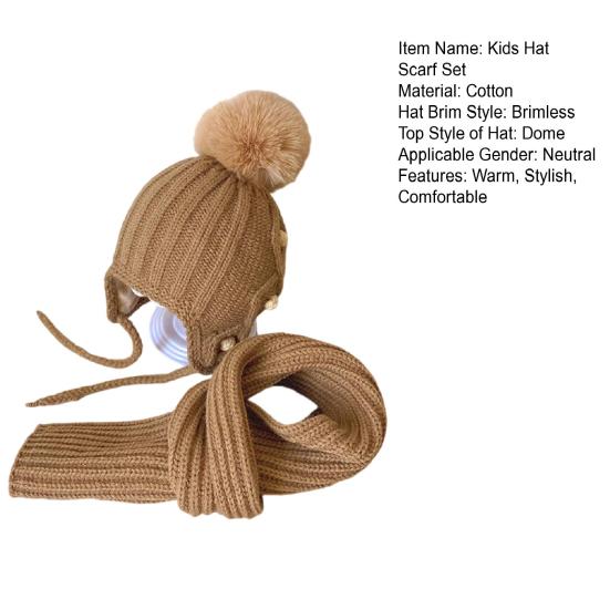 2 Pcs Kids Winter Hat Scarf Set Soft Cable Knitted Pom-Pom Hat Warm Scarf Set for Boys Girls Toddlers