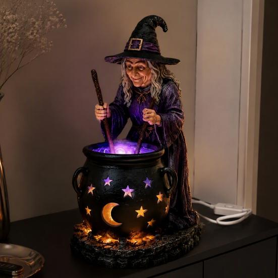 LED Witch Cauldron Light Halloween Statue with Glowing Cauldron, USB Powered Resin Black Lighted Lamp Pot Figurine Green/Purple for Party Home