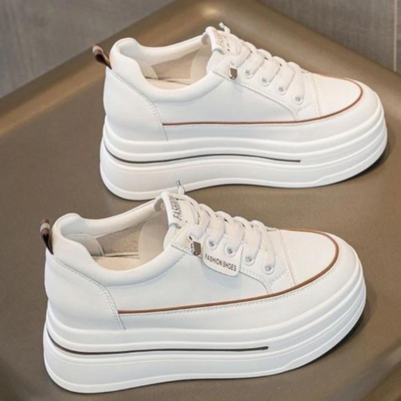 Womens Casual Sneakers Inserted Height Platform Shoes Lace-up Ladies Vulcanized Shoes Leather Breathable Women Shoes Comfortable