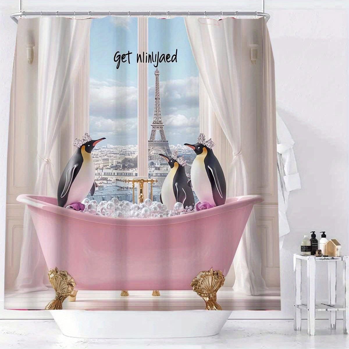 

1Pc Adorable Penguin Shower Curtain With Cartoon Illustration, Pink Background & Bathtub Scene, Polyester Fabric, Includes W60H190(CM)-1 Pcs