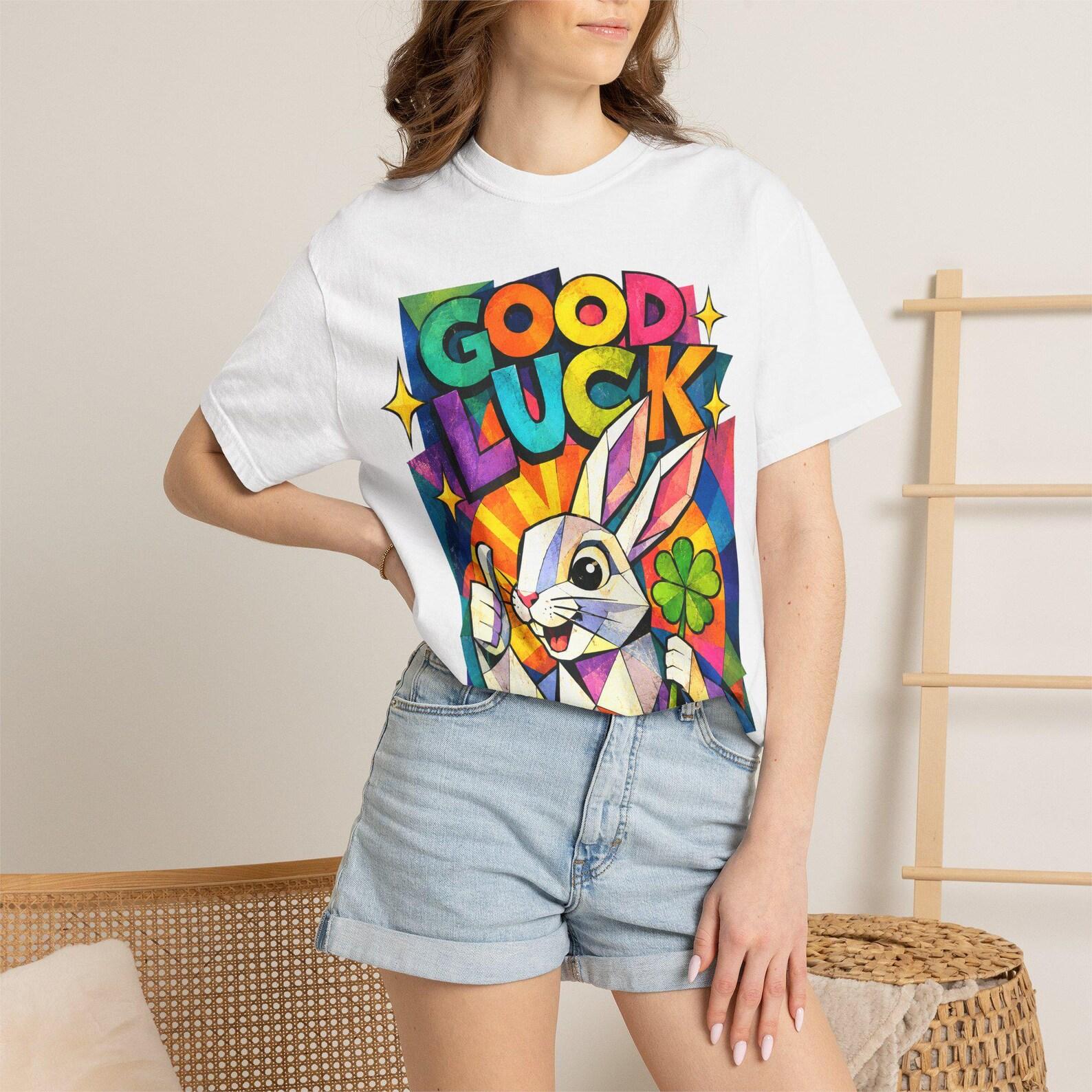 Good Luck Bunny Shirt, Cute Rabbit Clover Tee, Colorful Geometric T-Shirt, Lucky Charm Gift, Retro St Patricks Day Graphic Shirt L