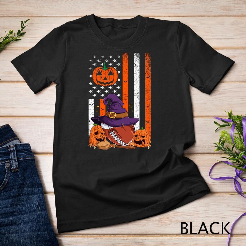 Halloween Football Player Fan Witch Hat Pumpkin US Flag Kids Unisex T-shirt