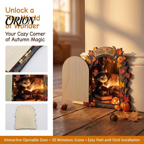 Autumn Theme Fairy Tale Ornaments Elf Wooden Door Halloween Decor, 2D Mouse Miniature Wall Waterproof Fall Home Decorations Hanging, Rustic