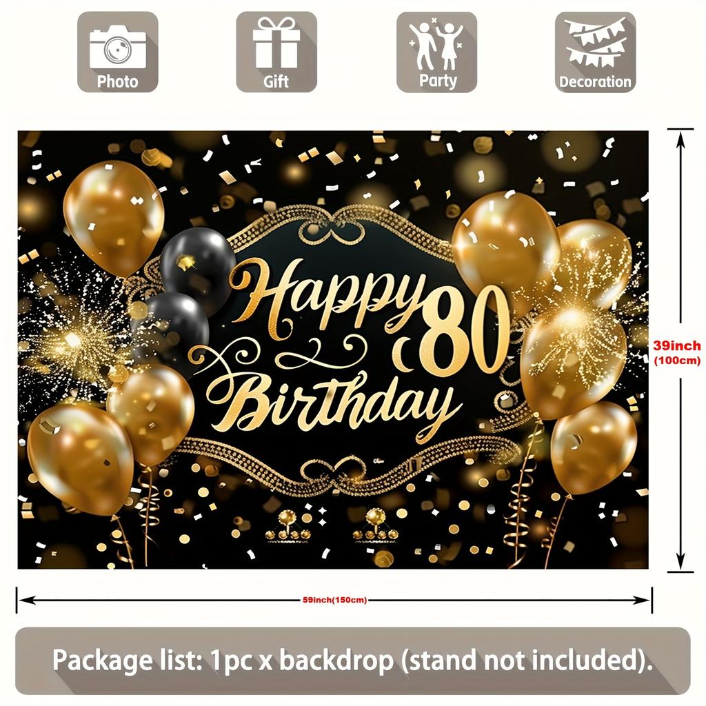 1 Pancarta Decorada Feliz Cumpleaños - Tema Aniversario 80 Negro Dorado adecuada para todas las ocasiones/celebraciones festivas/adultos