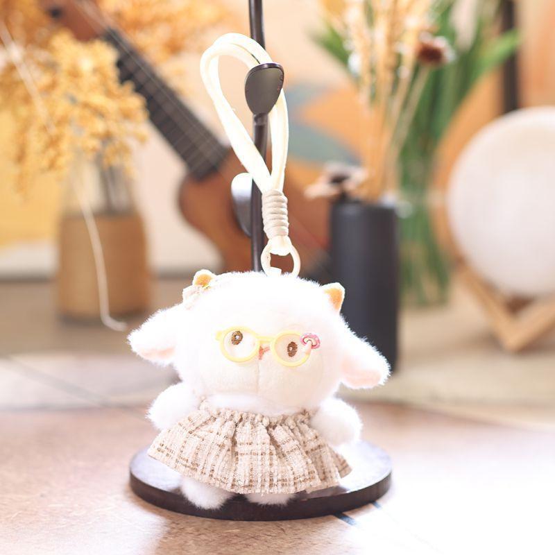 Soft Fluffy Lamb Plush Keychain Mini Cute Glasses Dress Design Car Key Pendant for Women Handbag Decoration Small Gift