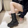 Fashion Belt Buckle Women's Half High Boots Height Increase Round Toe Ladies Mid Calf Shoes Work Footwear Gyaru Large Size on Offer Boot