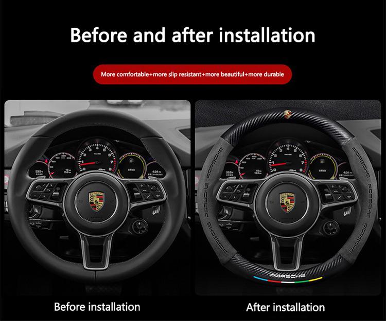 AIHQR1 O Shape Suede Carbon fiber anti-slip Car Steering Wheel Cover For Porsche Cayenne Panamera Macan Boxster Cayman 718 911 Sticker