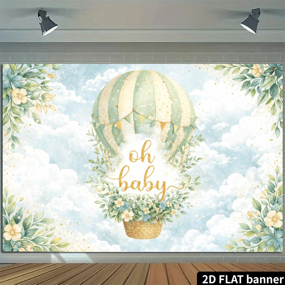 Hot air balloon oh baby baby shower backdrop fabric. Hot air balloon white clouds green plants scene. Polyester.
