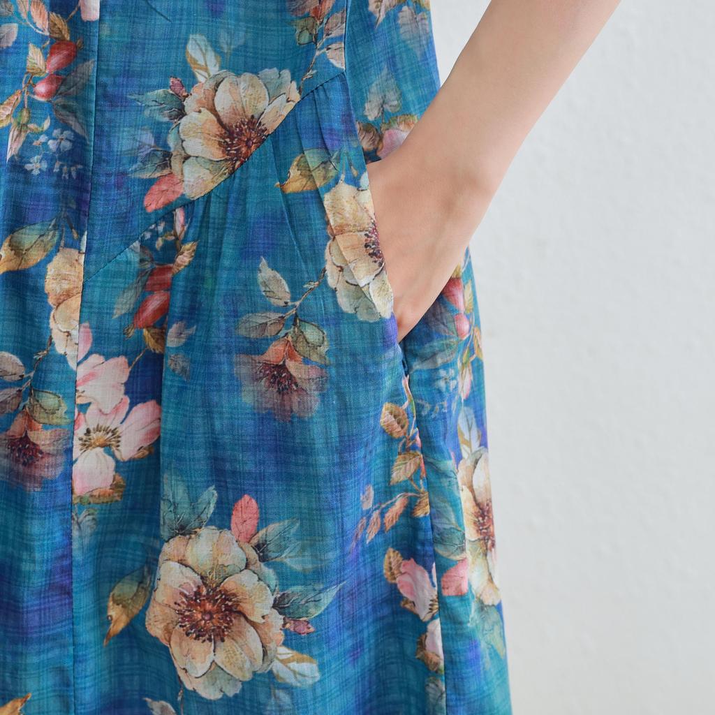 DIMANAF 2025 Women Plus Size Spring Summer Dress Casual Floral Dress Basic Linen Loose Long Blue Dress