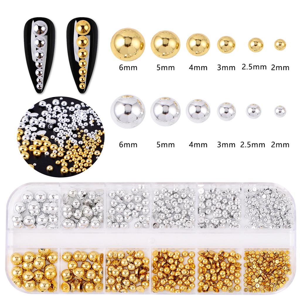 12-Grid Box Of Gold And Silver Abs Semi-Round Pearl Manicure Jewelry Diy Mixed Pearl Jewelry