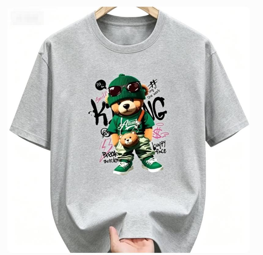 Unisexs Summer Cotton Fashionable Casual Loose Large Geometric Bear Pattern Printed Sports Round Neck Short Sleeve Tshirt Top Dry