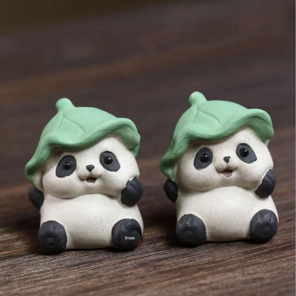 Yixing Zisha Lotus Leaf Panda Tea Pet Ornament for Tea Table Decor, Handmade and Adorable