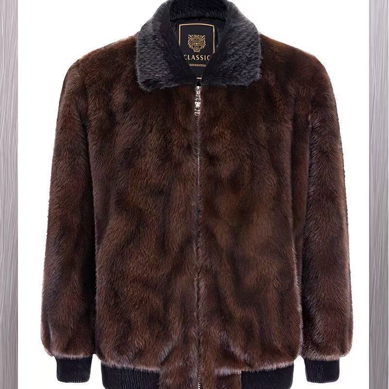 

High-end fur coat men s winter thickened thermal lapel cold jacket men s fleece jacket 5XL коричневий