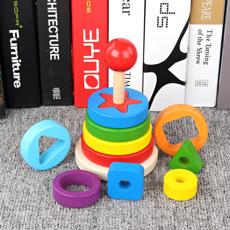 Wooden Children's Educational Hannota Rainbow Stack Music Ring Matching Building Block Color Cognitive Toy
