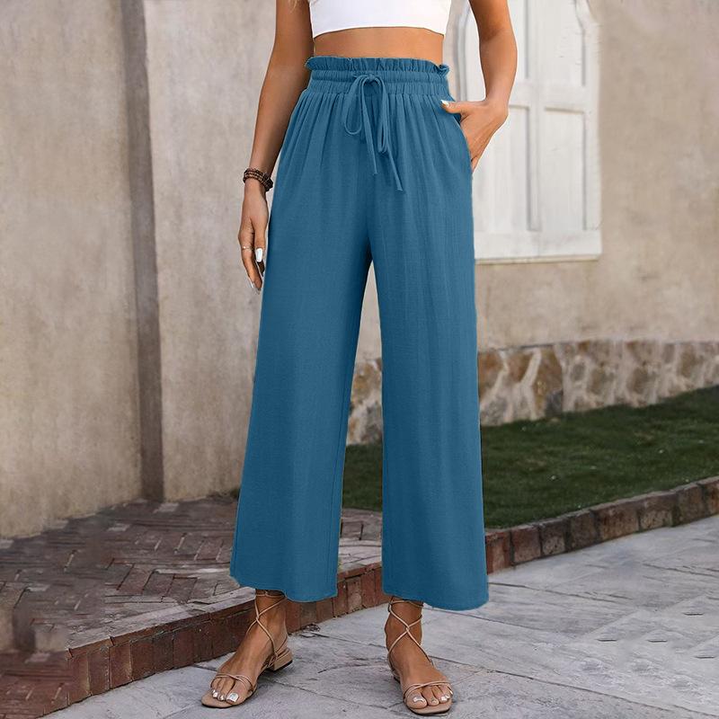 New Women's Solid Color Cotton Linen Wide Leg Pants, High Waist Elastic Drawstring Casual Trousers for Spring Summer