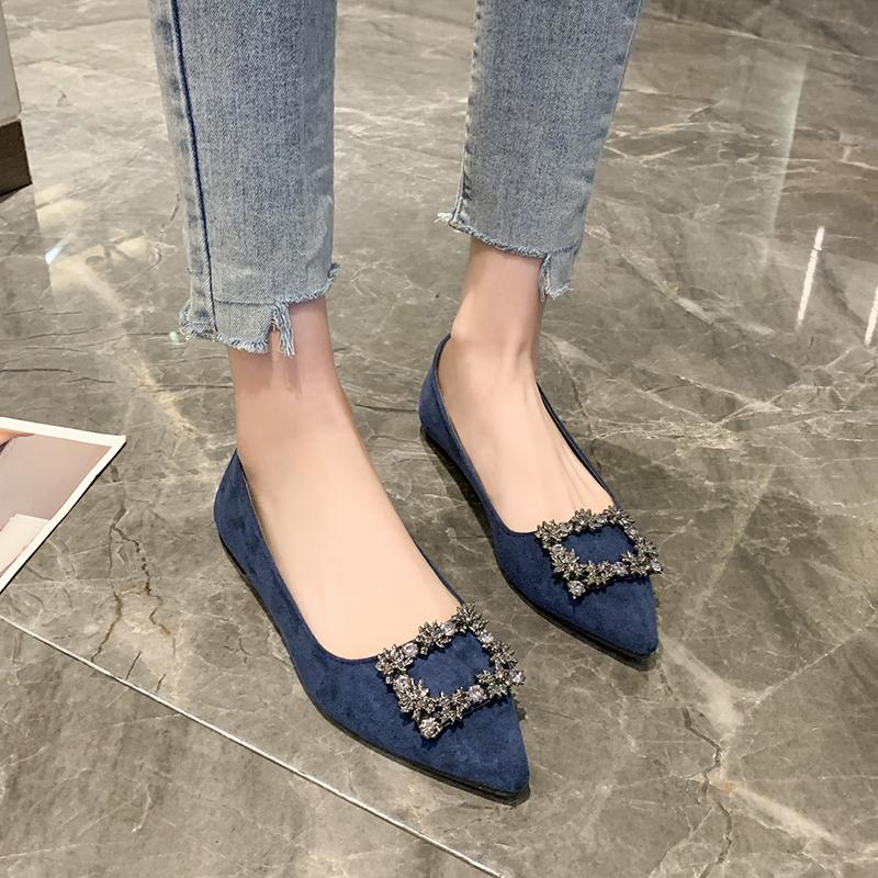 2025 Spring and Autumn New French Fashion  Pointed Suede Water Diamond Shallow Mouth Flat Flat Casual Women's Shoes