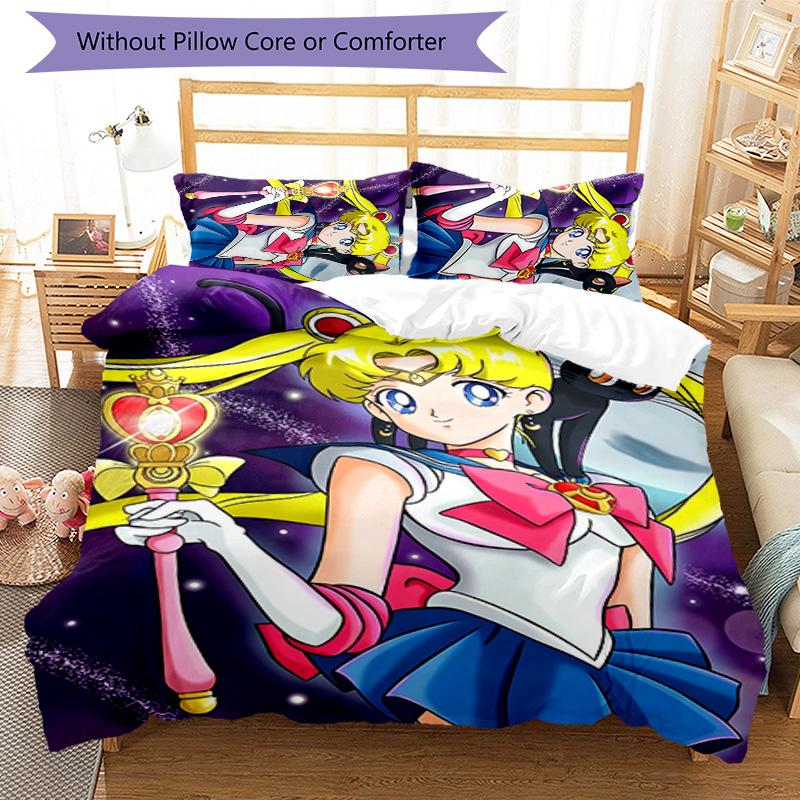 3-teiliges Sailor Moon Design Bettwäsche-Set - HD-bedruckte Bettwäsche mit 1 Bettbezug und 2 Kissenbezügen - Perfekt für die Heim- und Wohnheimdekoration