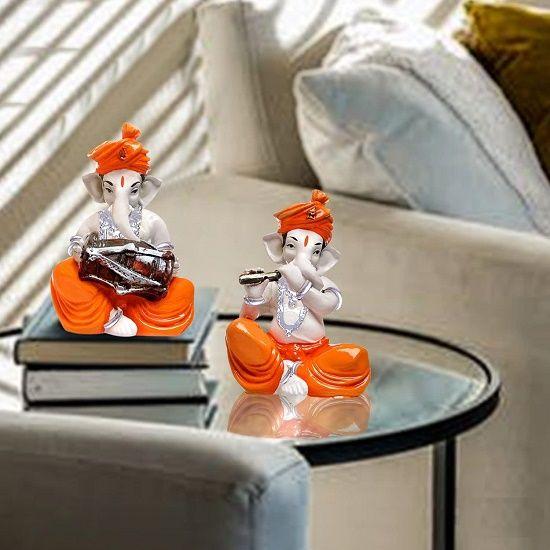Musical Ganesha Pair for Home Decor | Brings Prosperity - (Orange and White, Pack of 2)(Resin)