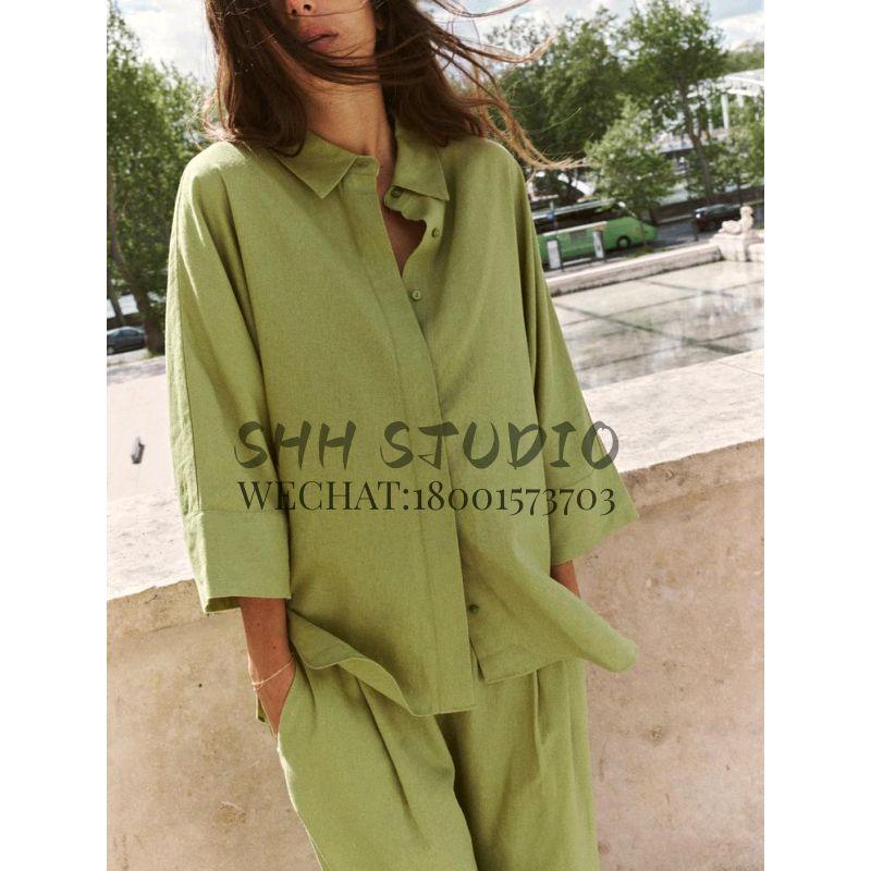 Spring New Casual Polo Collar Long Sleeves Linen Blended Loose Shirt 2157045 Wide Leg Pants 3108709