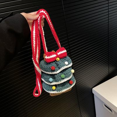 Christmas Tree Colored Ball Woven Shoulder Bag New Year Women's Handmade Crochet Knitted Yarn Handbag Sweet Finished Phone Bag