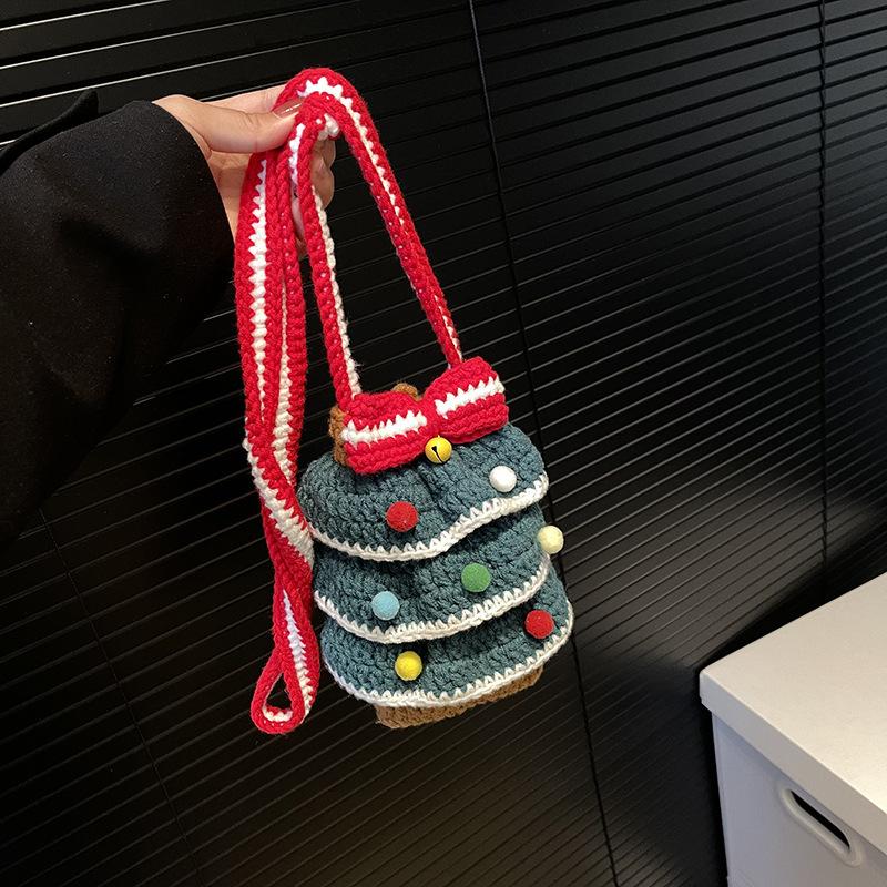 

Christmas Tree Colored Ball Woven Shoulder Bag New Year Women s Handmade Crochet Knitted Yarn Handbag Sweet Finished Phone Bag зелёный