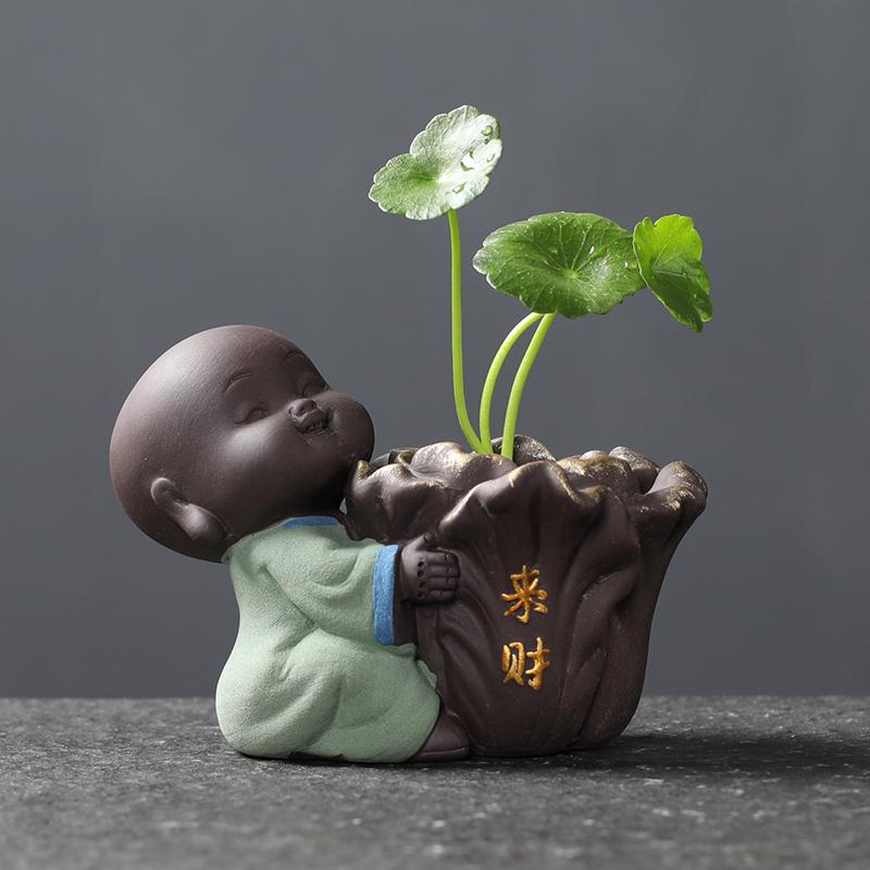 1PCS Ceramic Tea Pet Ornaments Small Buddha Statue Monk Figurine Desktop Flower Pot Hydroponic Plant Decoration Tea  Accessories