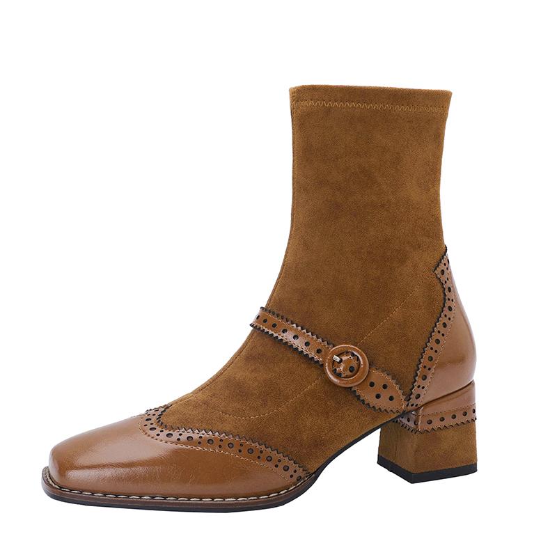 

Fashion Genuine Leather Mary Jane Women Boots Fashion Retro Buckle Ankle Boots Square Toe Thick Heel Handmade Autumn Winter Shoes Woman 43