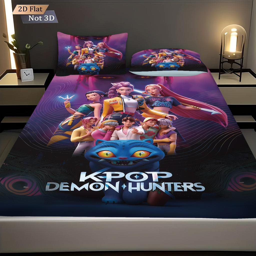 Juego de Sábana Encimera sin Ajuste Estampado Cazadores de Demonios K-Pop 3 Piezas Varios Tamaños Cubrecama Suave Decoración de Ropa de Cama para Dormitorio Lavable a Máquina