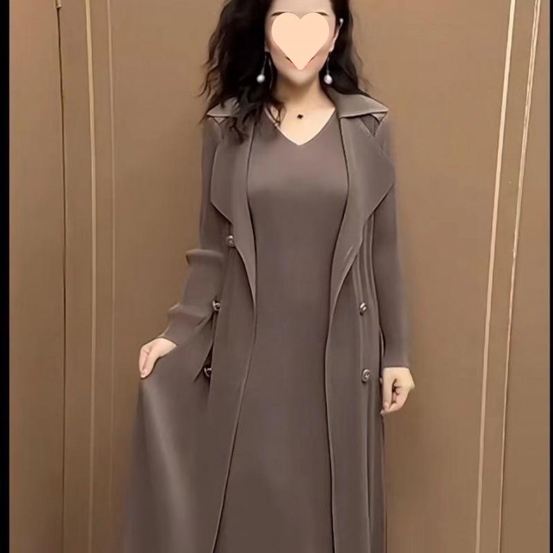 Damen Vielseitiges Übergröße A-Linien-Kleid mit Fake-Zweiteiler-Anzugkragen, Hoher Taille und Elastischem Taillen-Schlankheitsdesign für Frühling und Herbst