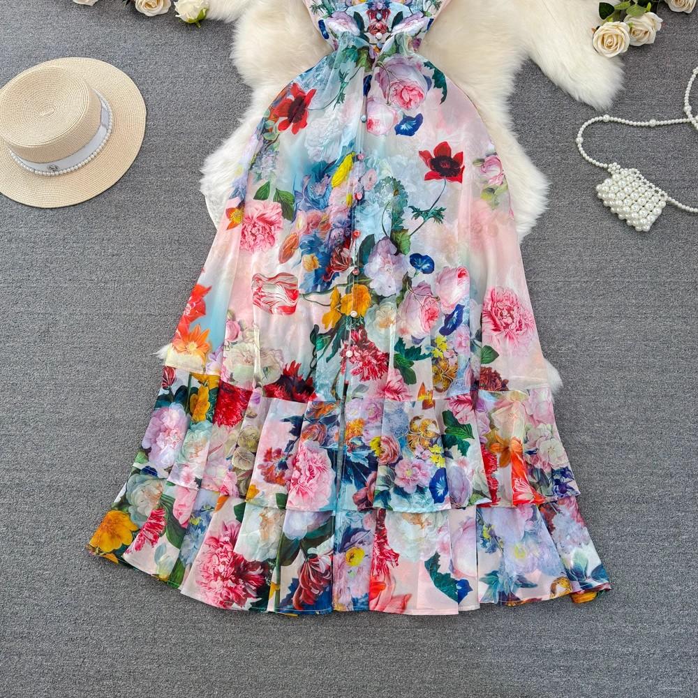 New 2024 Summer Gorgeous Flower Print Chiffon Holiday Long Dress Boho Women's Sexy Deep V Neck Sleeveless Ruffles Buttons Robe