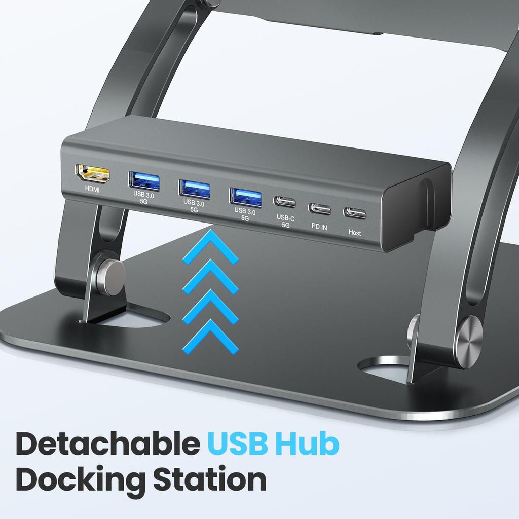 Tounee Laptop Stand with Detachable USB-C Hub, 100W PD Charging, 4K@60Hz HDMI, USB-A & USB-C 3.0 Ports, Host Port, Ergonomic Aluminum Laptop Holder, C