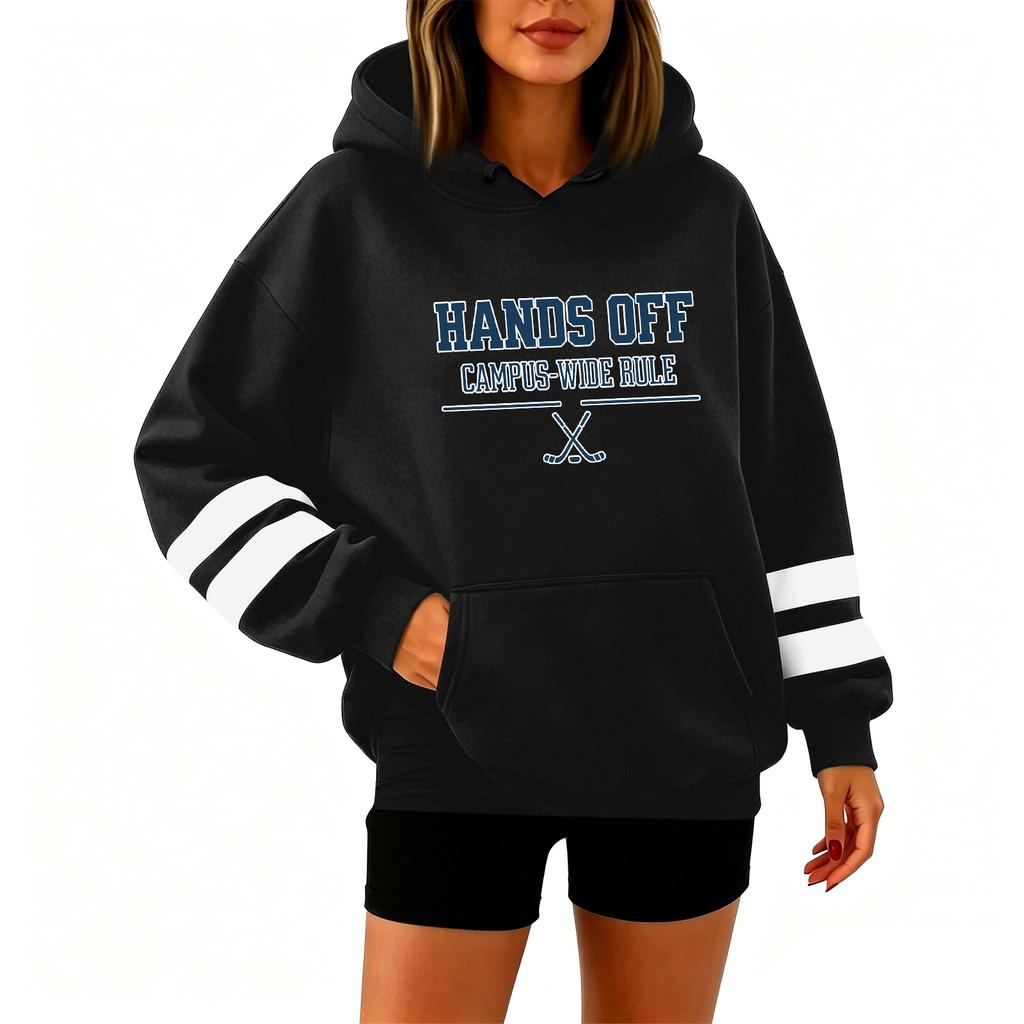 Women's Casual Letter Print Hooded Sweatshirt Pullover Hoodie with Front Pocket and Striped Sleeve Design for Everyday Wear