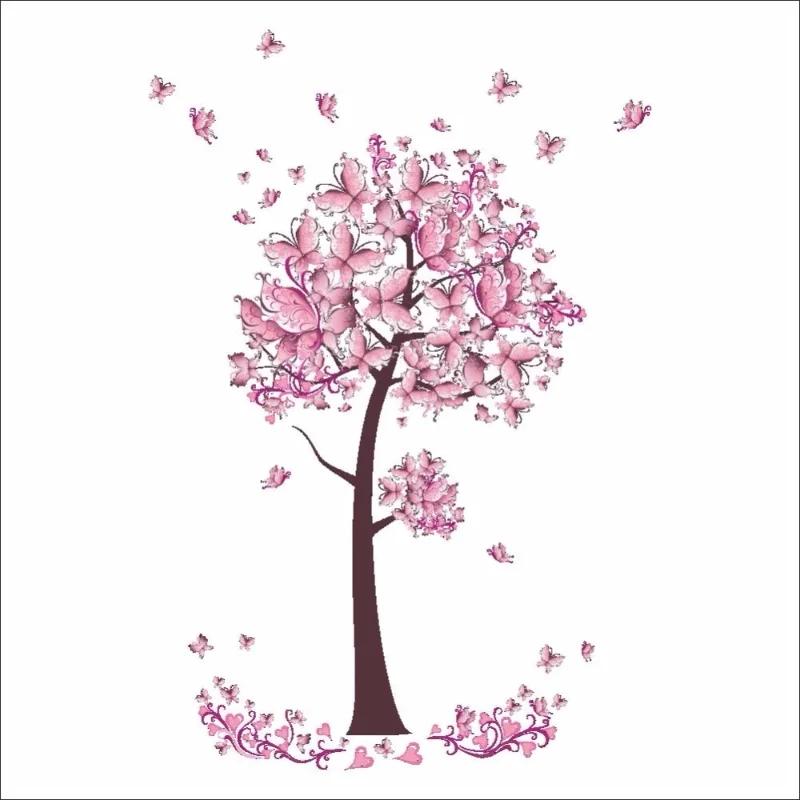 Pink Butterfly Flower Tree Wall Stickers Decals Girls Women Flower Mural Vinyl Wallpaper Home Wall Stickers for Kids Rooms