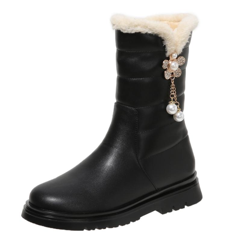 Weiße Stiefeletten für Damen 2024 Winterschuhe Schwarz Warmes Fell Schneestiefel Mädchen Niedrige Absätze Schuhe Luxus Bequem