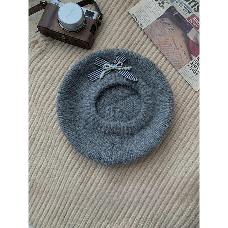 Серый берет с бантом Женский осенне-зимний теплый вязаный плюшевый берет художника Большой обхват головы Универсальная шляпа-берет one size