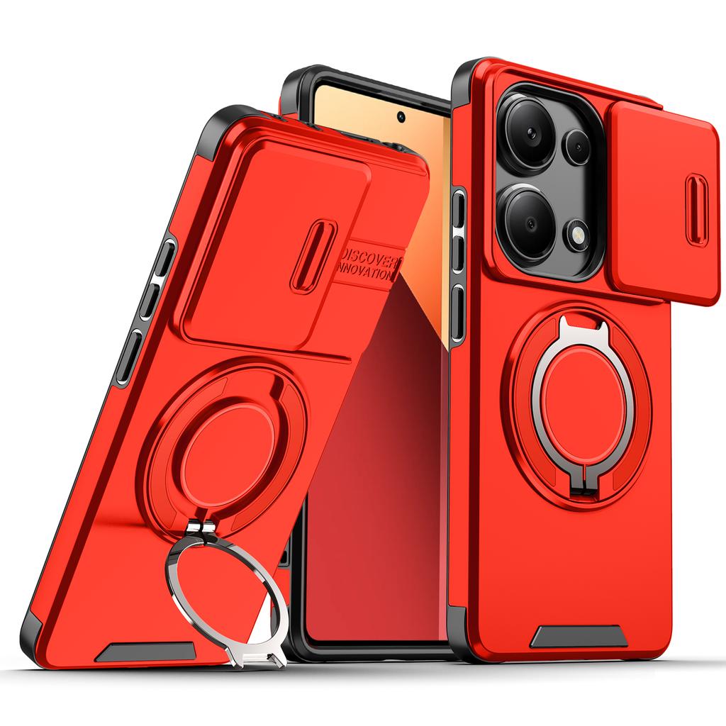 Magnetic Metal Ring Stand Armor Case For Xiaomi Redmi Note 13 5G Note13 Pro 4G 14S Slide Push Window Lens Protection Phone Cover