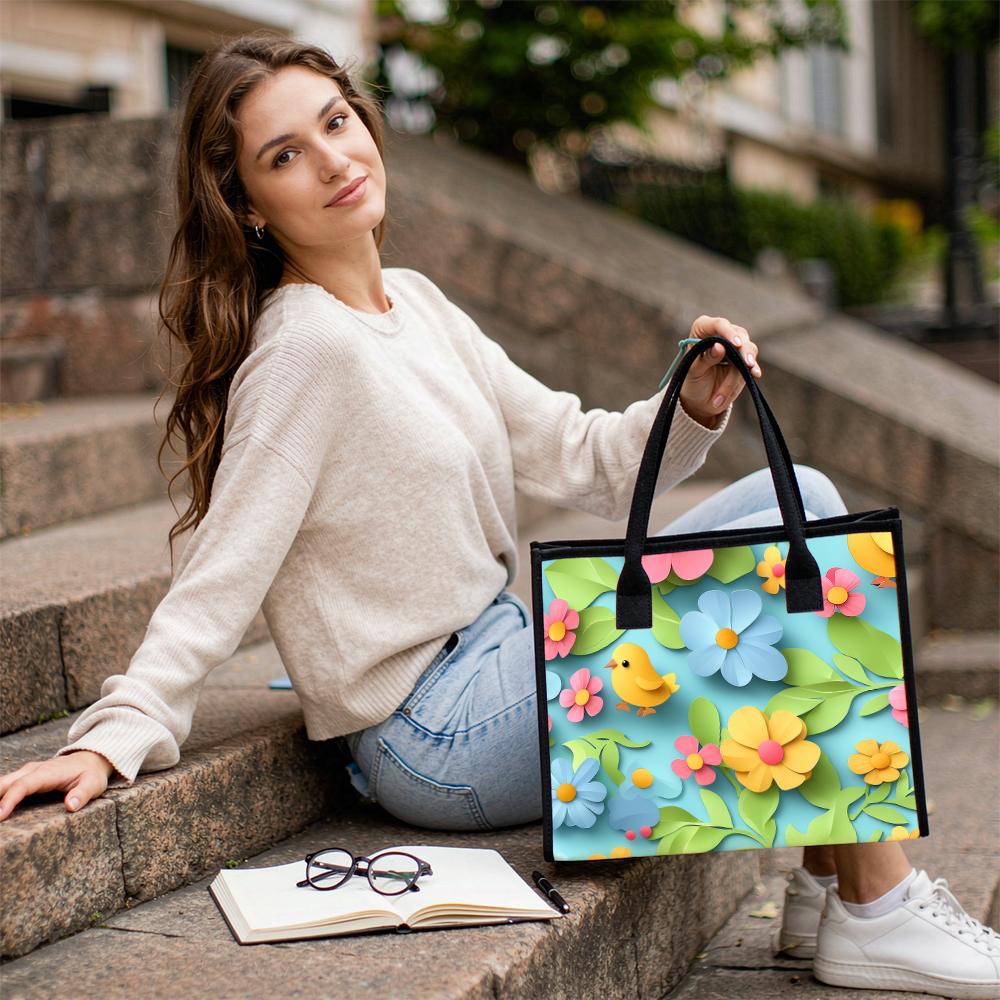 Cute Floral Chick Print Tote Bag Casual Lightweight Durable Shopping Handbag for Daily Outings