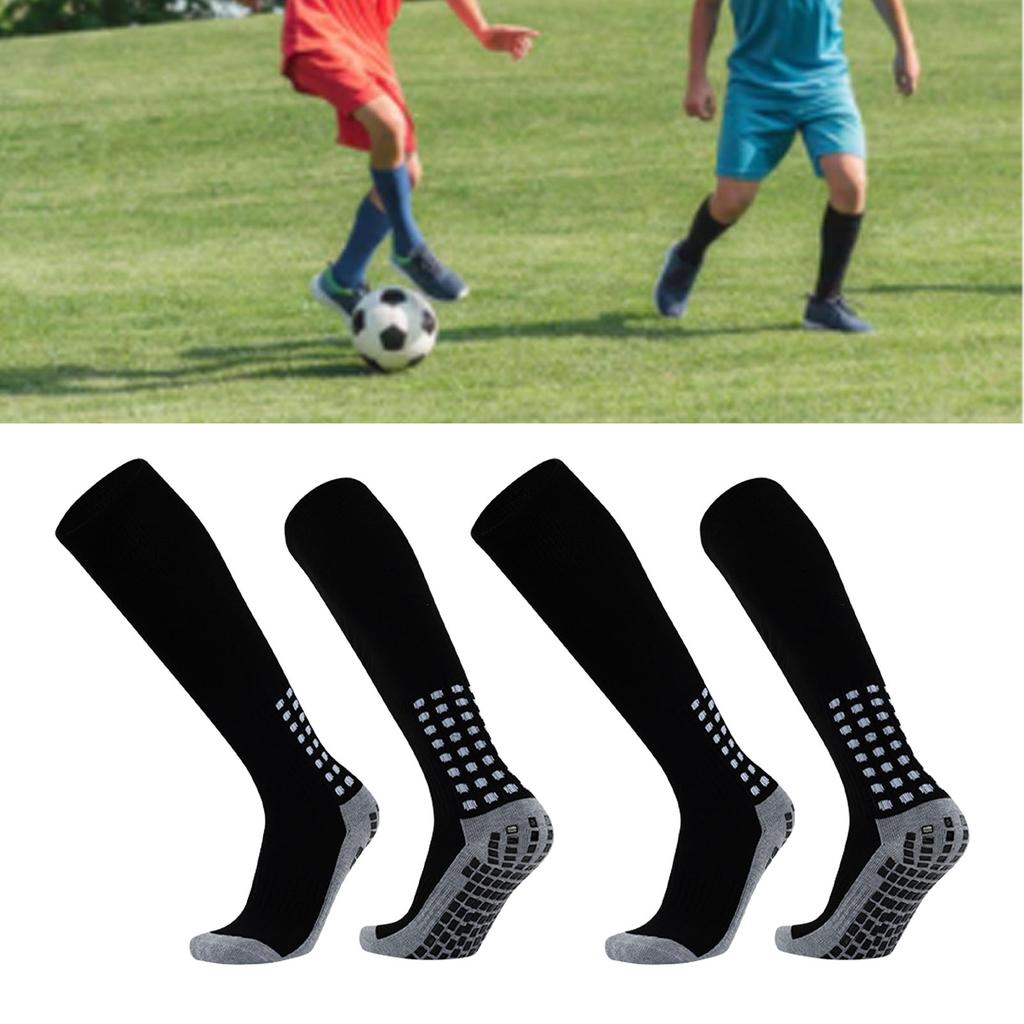 Kids Football Socks Sweat Absorbing Prevent Slip Stretchy Child Sport Stockings for Boys Girls Black 2 Pairs