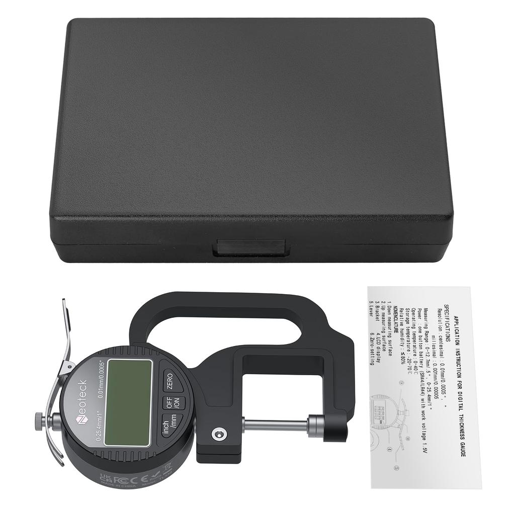 Neoteck Digital Tykkelse Måling Aluminiumlegering Stor LCD Tykkelsesmåler Måler, Konstruksjon, 0,01 mm Nøyaktighet, 0-25,4 mm Område, Display,